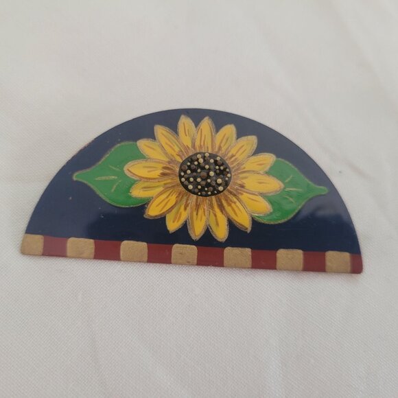 Hand-Painted Sunflower Copper Brooch Pin Half-Moon Shape Vintage Style Artisan C - Picture 1 of 4